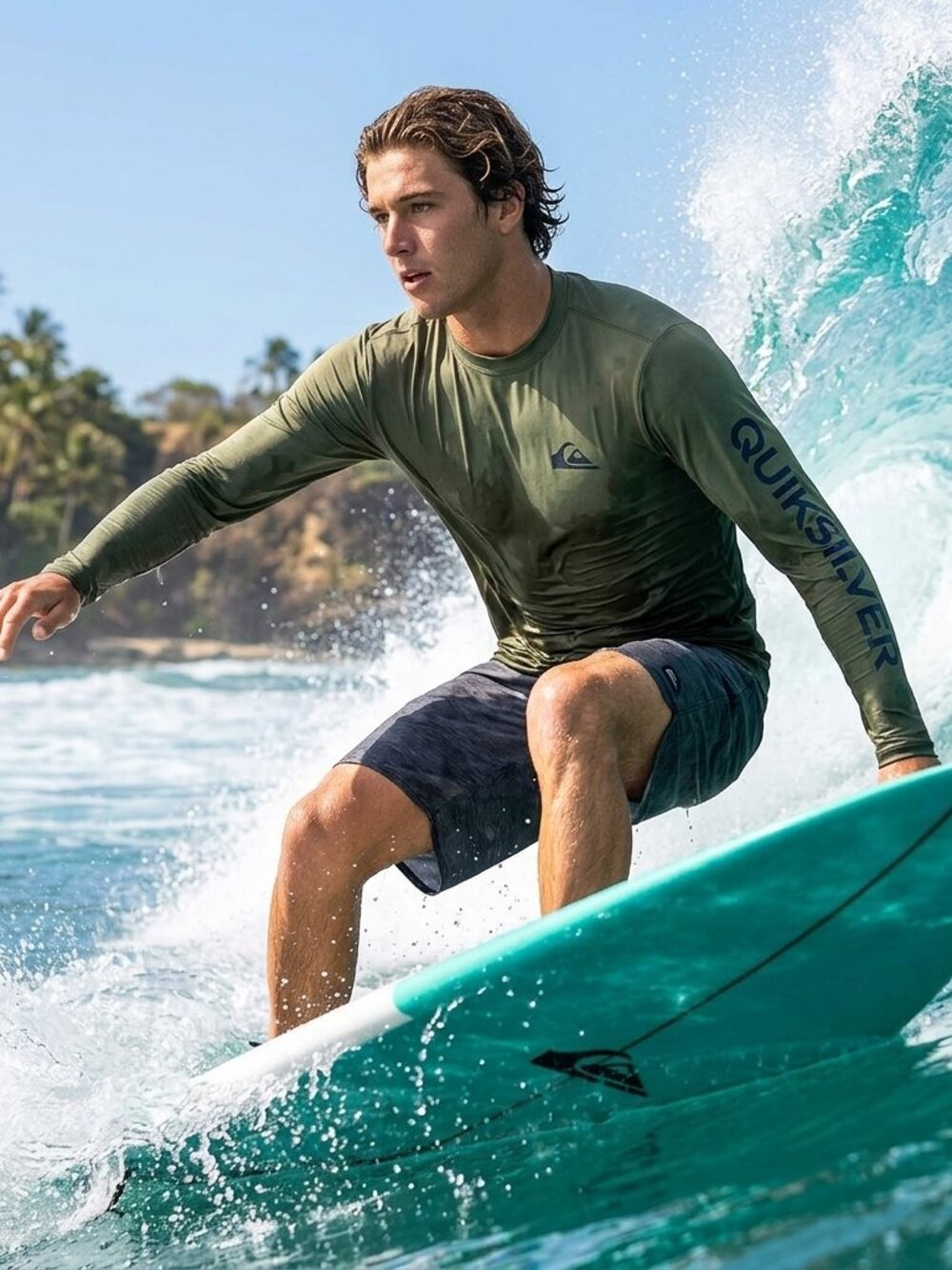 Quicksilver Mens Rashguard Large Green Stretch Beach Surf SPF 50+